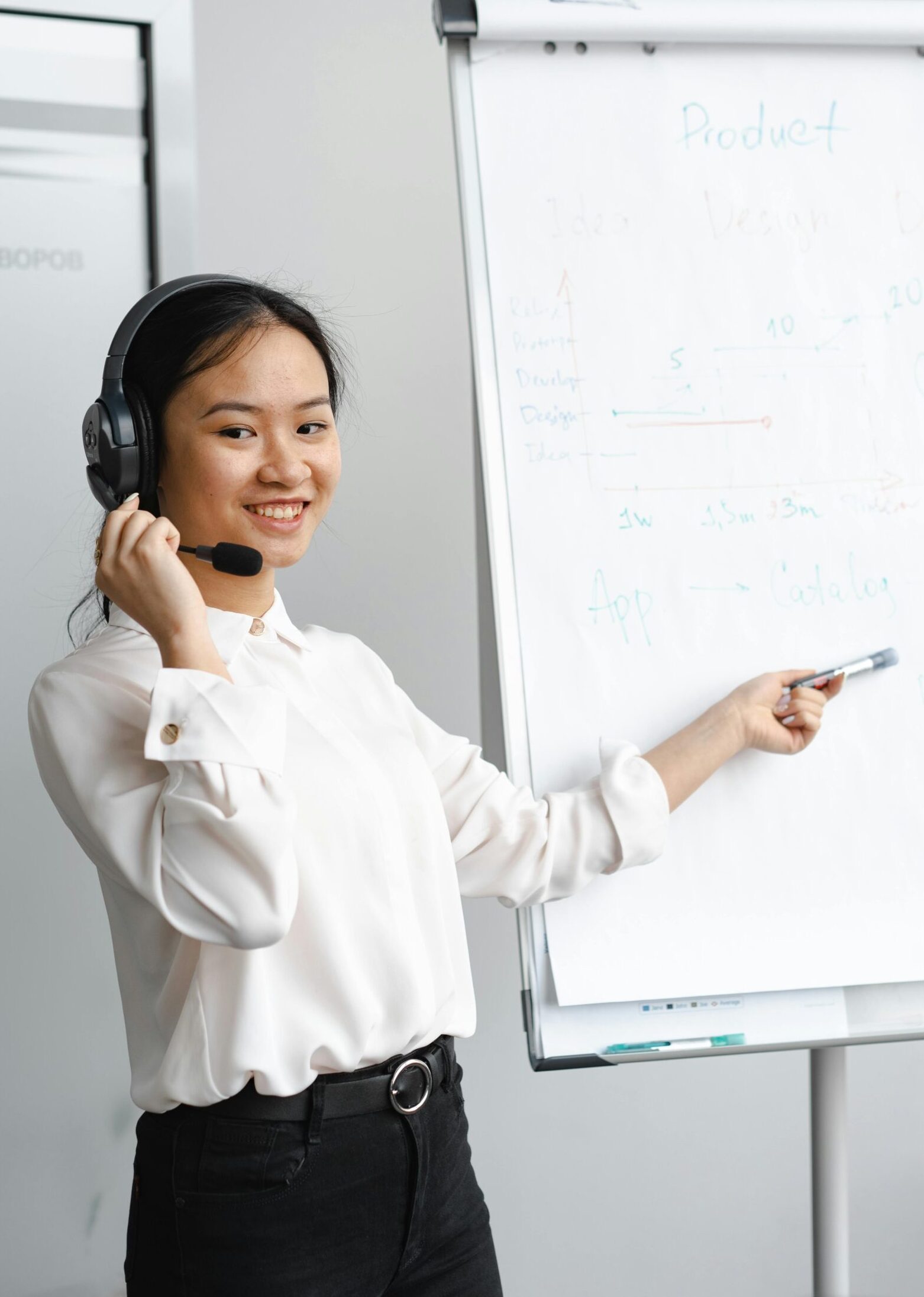 Smiling woman in a white shirt presenting with a headset and flipchart in an office environment.